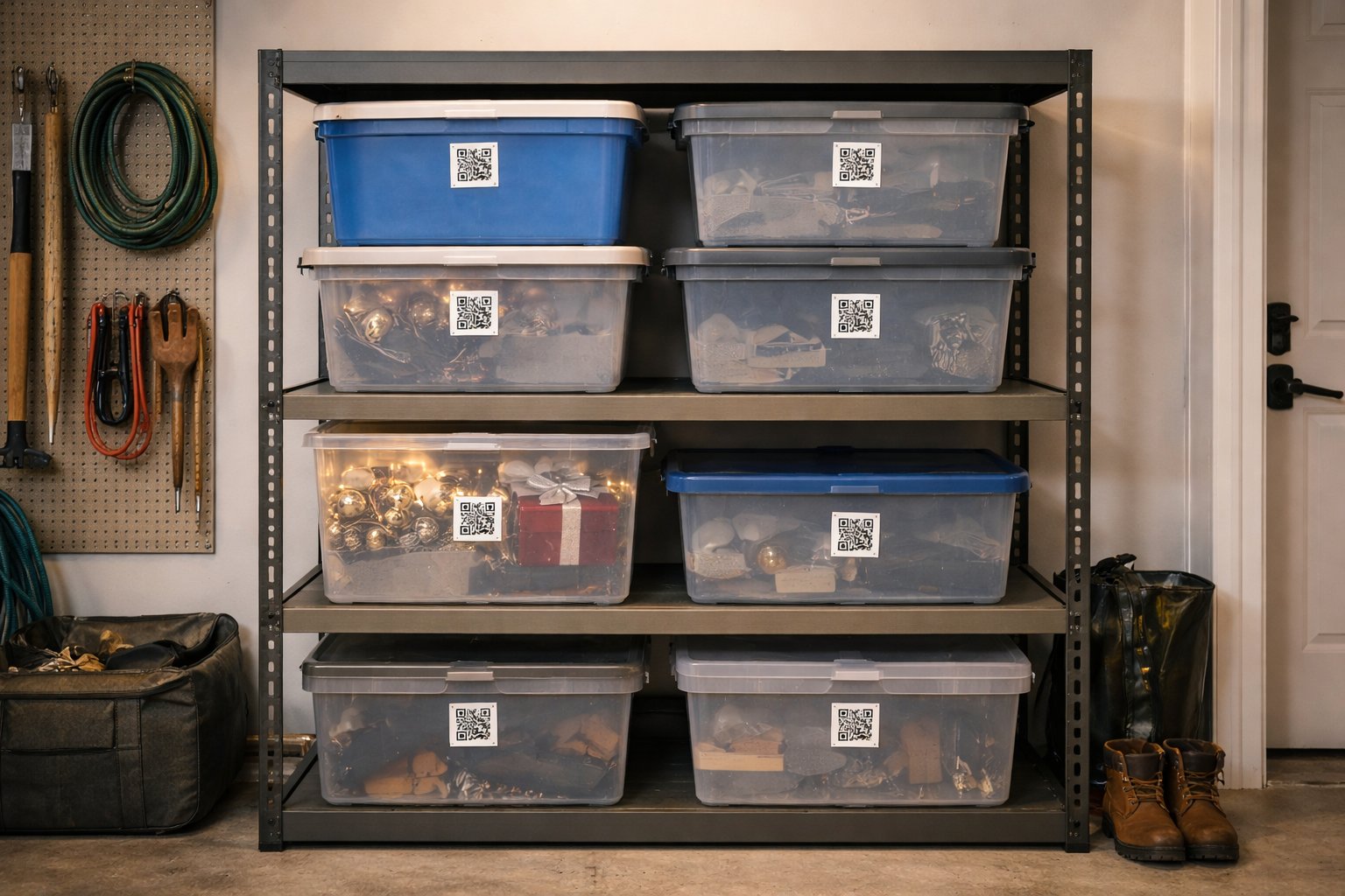 Organized garage with QR-labeled storage bins