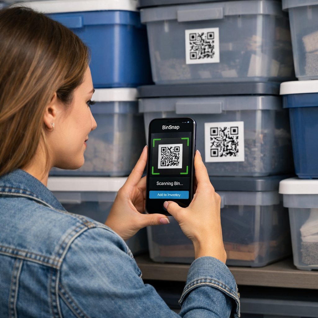 Woman scanning a storage bin with StowSnap
