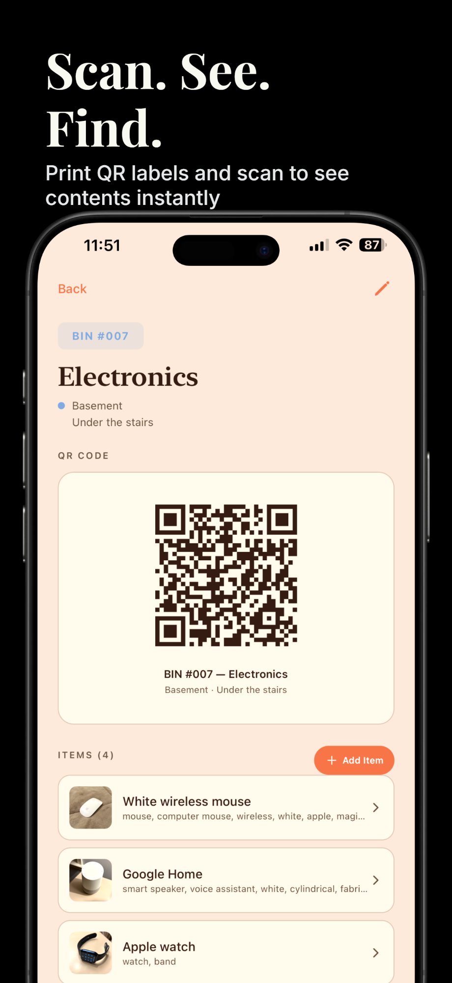 StowSnap QR code and item list